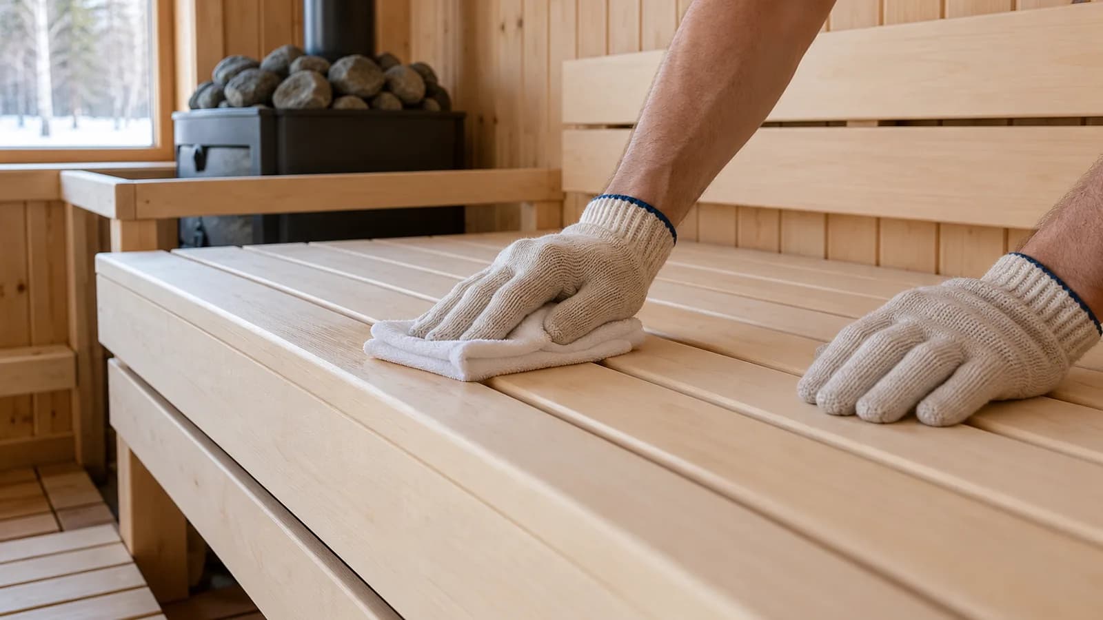 Руки в перчатках втирают салфеткой тонкий защитный слой в светлый липовый полок парной.