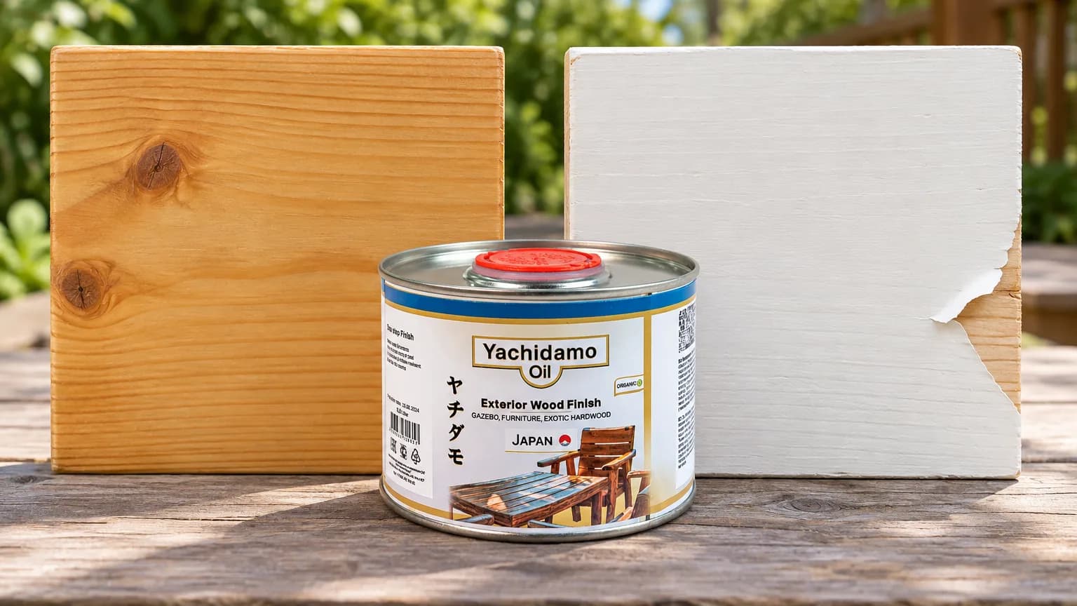 Банка Yachidamo Oil Exterior Wood Finish стоит перед образцами с прозрачным маслом и белой краской с отслаивающимся краем.