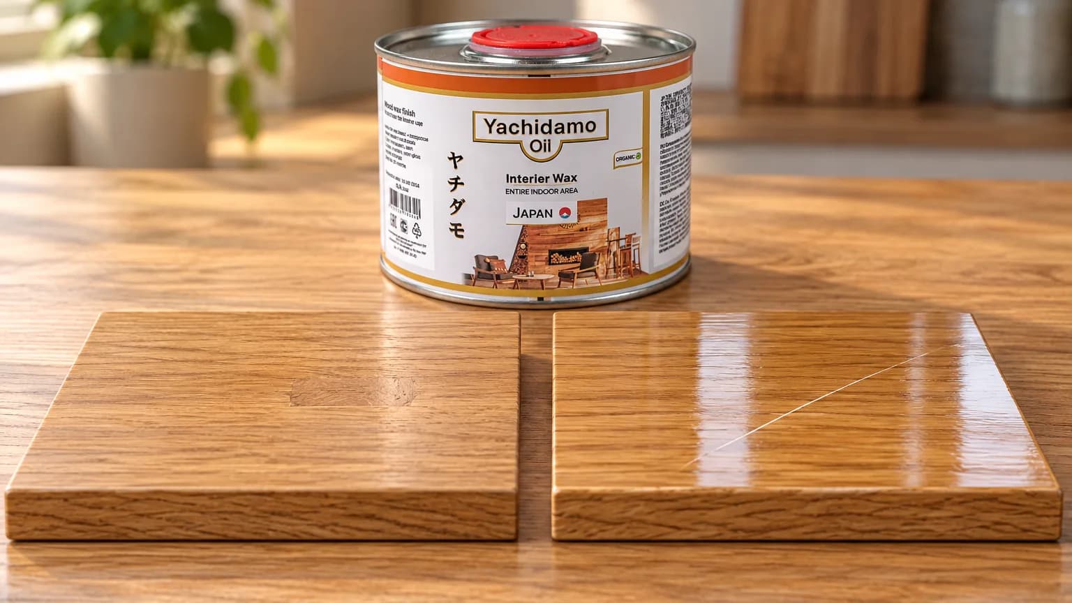 Банка Yachidamo Oil Interior Wax стоит за дубовыми образцами с матовым маслом-воском и поцарапанной глянцевой плёнкой.