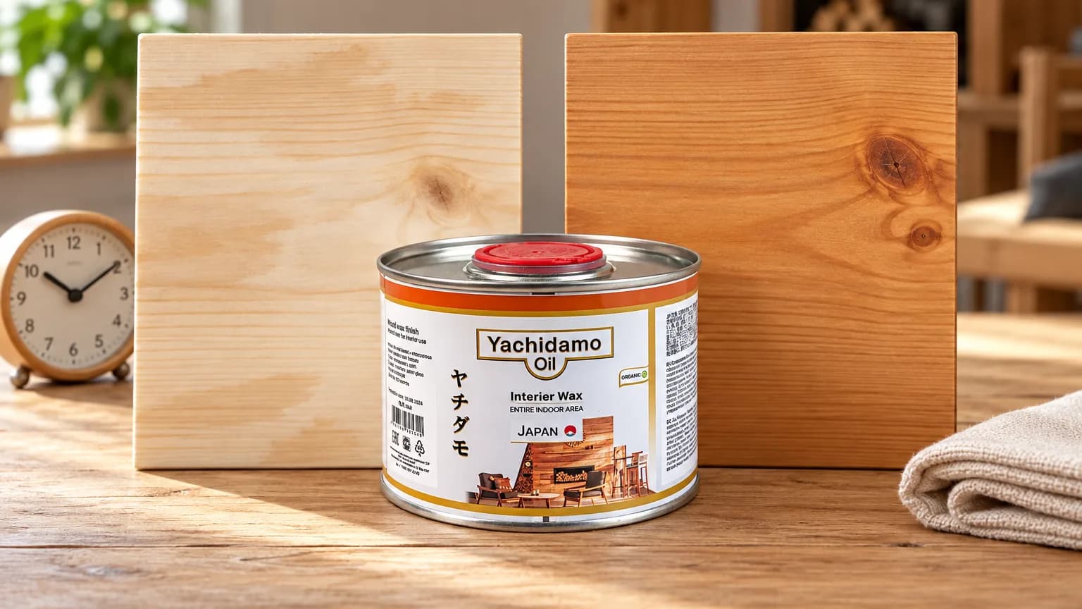 Банка Yachidamo Oil Interior Wax стоит перед двумя сосновыми образцами с бледным неровным и ровным тёплым покрытием.