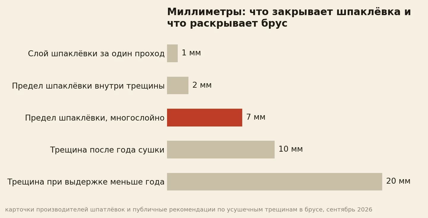 Миллиметры на фасаде из бруса: слой шпаклёвки за один проход 1, предел заделки шпаклёвкой внутри трещины 2, предел шпаклёвки при многослойной заделке 7, раскрытие трещины после года сушки 10, раскрытие при выдержке меньше года 20
