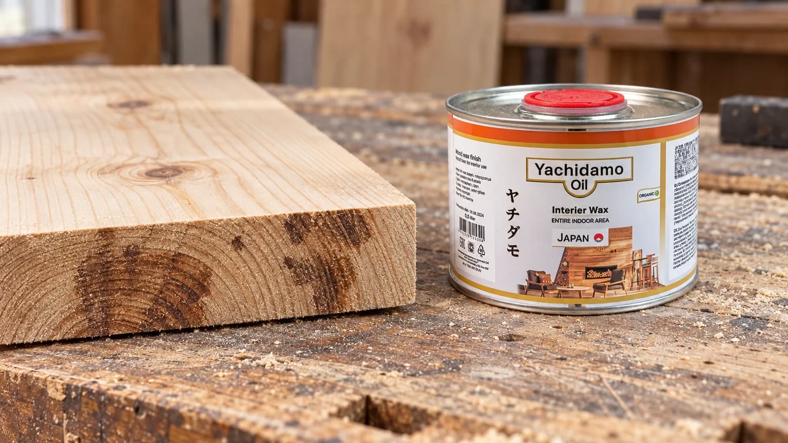 Неравномерно потемневший торец сосновой доски рядом с банкой Yachidamo Oil Interior Wax на верстаке.