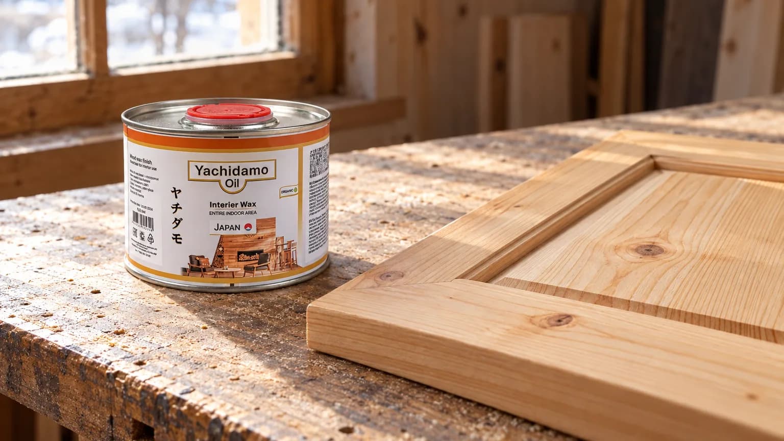 Банка Yachidamo Oil Interior Wax рядом с деревянной дверцей на рабочем столе.