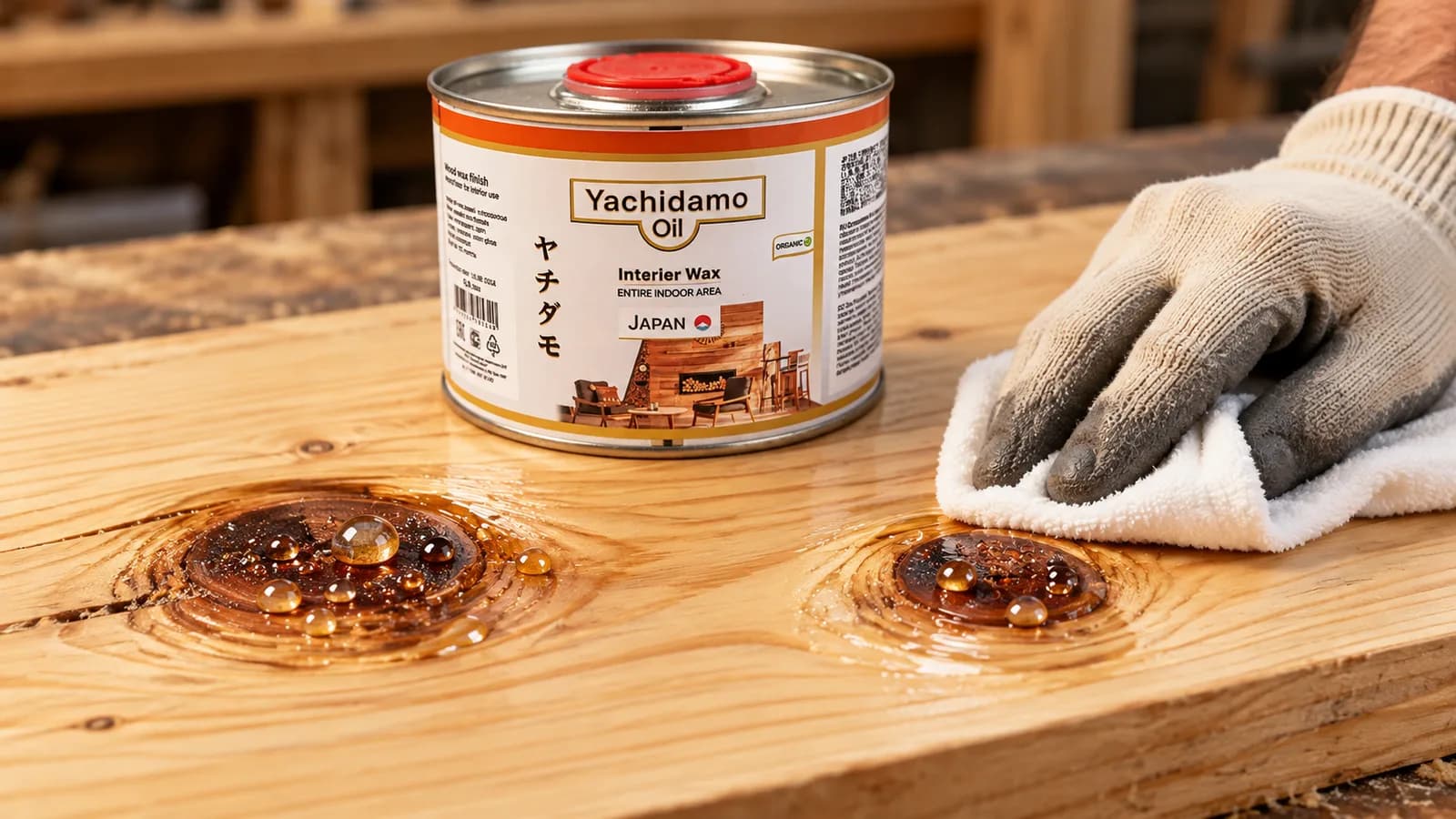 Банка Yachidamo Oil Interior Wax стоит у сосновой доски, где масло собирается отдельными каплями на смолистых сучках.
