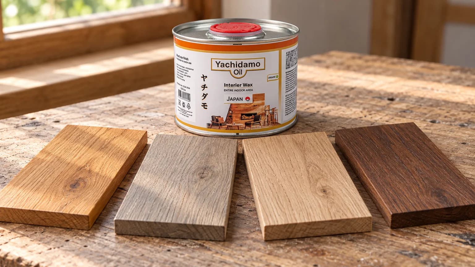 Четыре мебельных образца спокойных оттенков рядом с Yachidamo Oil Interior Wax на рабочем столе.