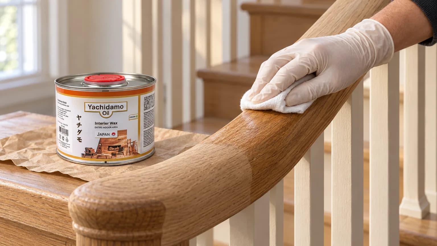 Банка Yachidamo Oil Interior Wax стоит на защищённой площадке, пока дубовый поручень покрывают тонким слоем белой салфеткой.