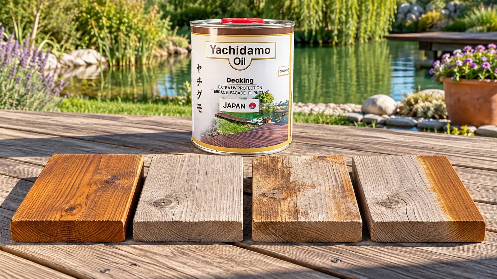 Банка Yachidamo Oil Decking стоит за образцами террасной доски со свежим, выгоревшим, пятнистым и частично обновлённым покрытием.