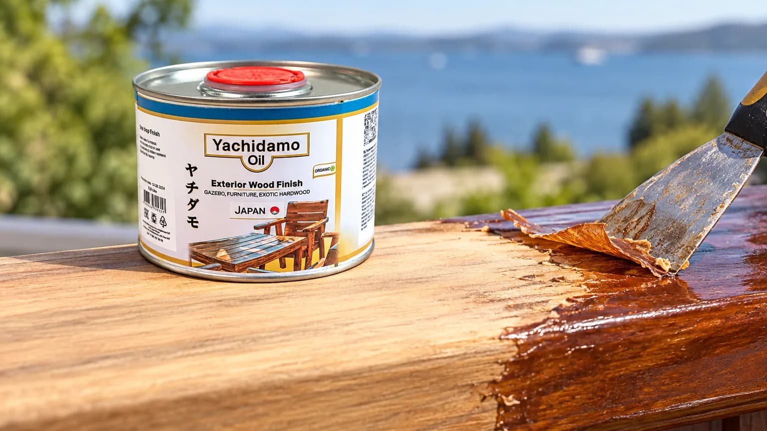 Банка Yachidamo Oil Exterior Wood Finish стоит у наружного поручня, с которого шпателем снимают облупившийся яхтный лак.