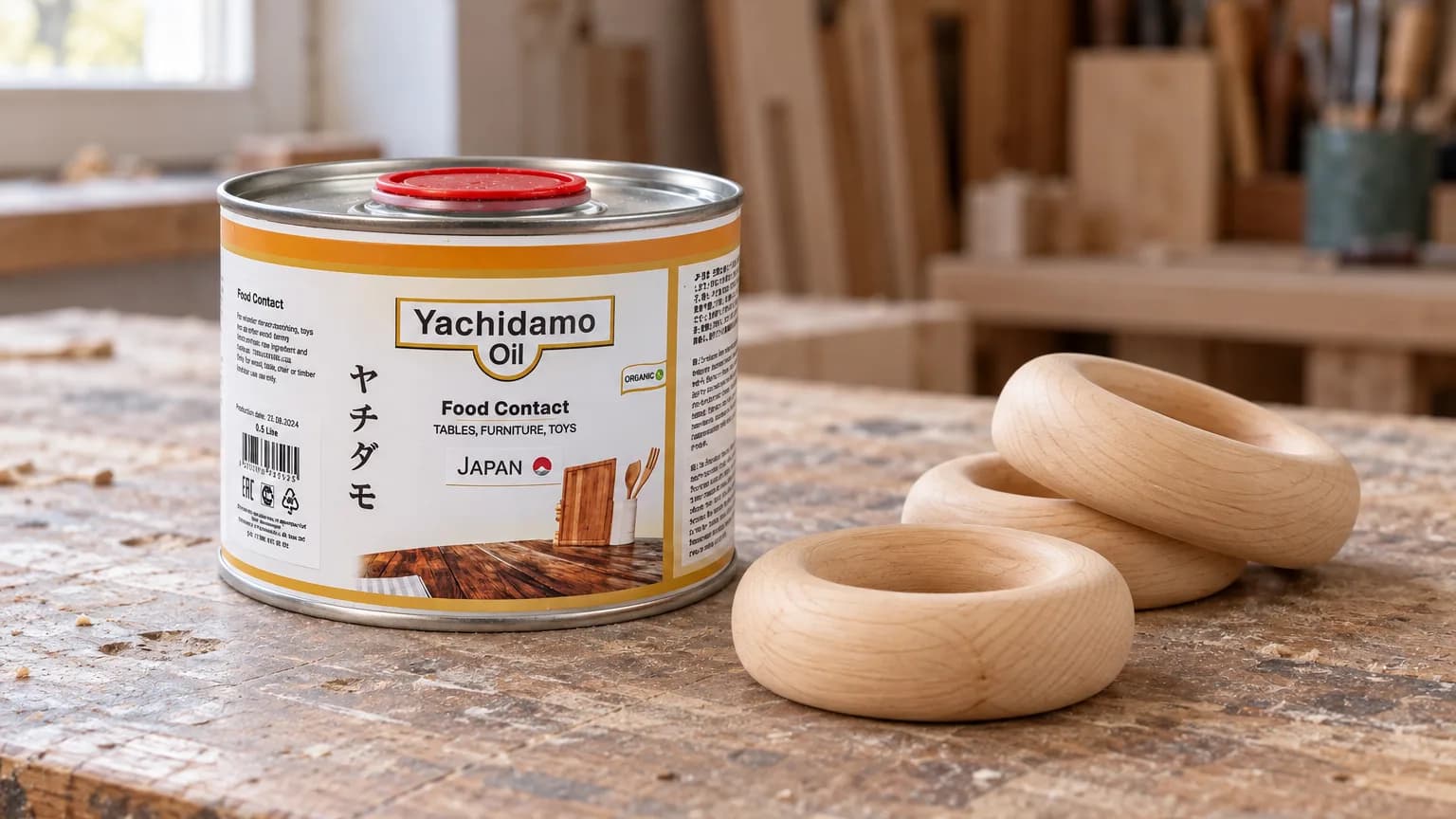 Банка Yachidamo Oil Food Contact рядом с деревянными кольцами игрушки на рабочем столе.