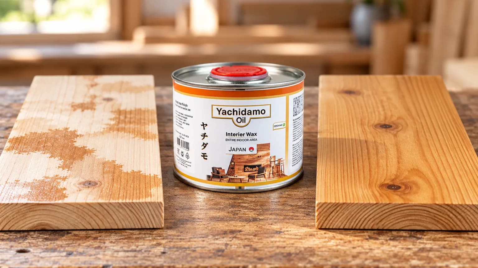 Банка Yachidamo Oil Interior Wax стоит между сосновыми образцами с пятнистым грунтованием и равномерным масляным покрытием.