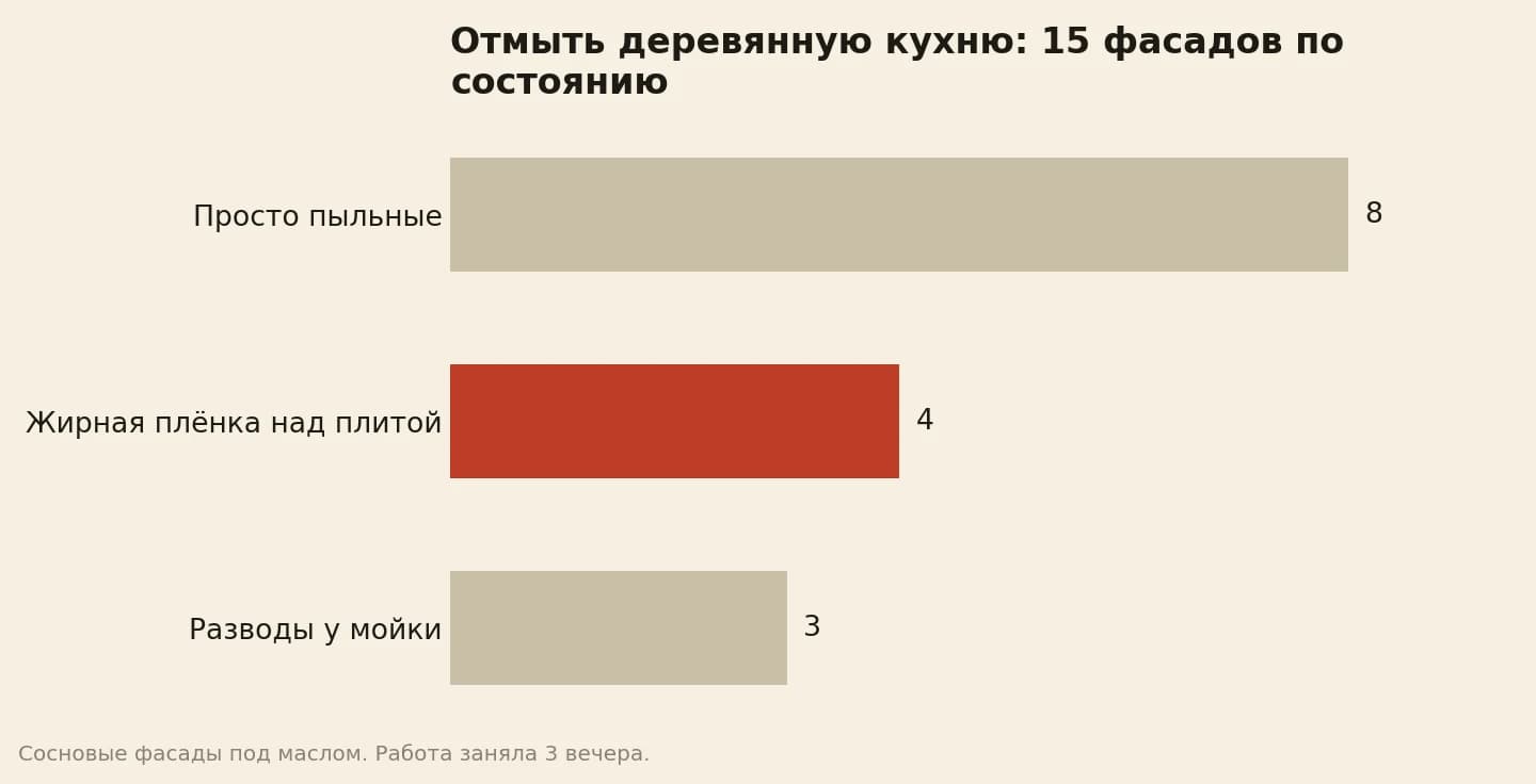 Состояние 15 фасадов деревянной кухни перед мытьём: 8 просто пыльных, 4 с жирной плёнкой над плитой, 3 с разводами у мойки