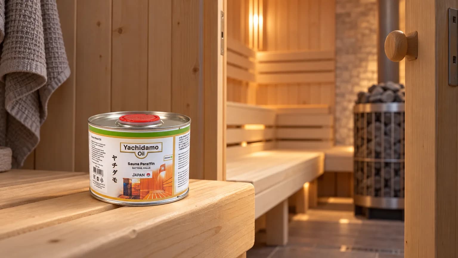 Банка Yachidamo Sauna Paraffin стоит у входа в прогретую деревянную парную.