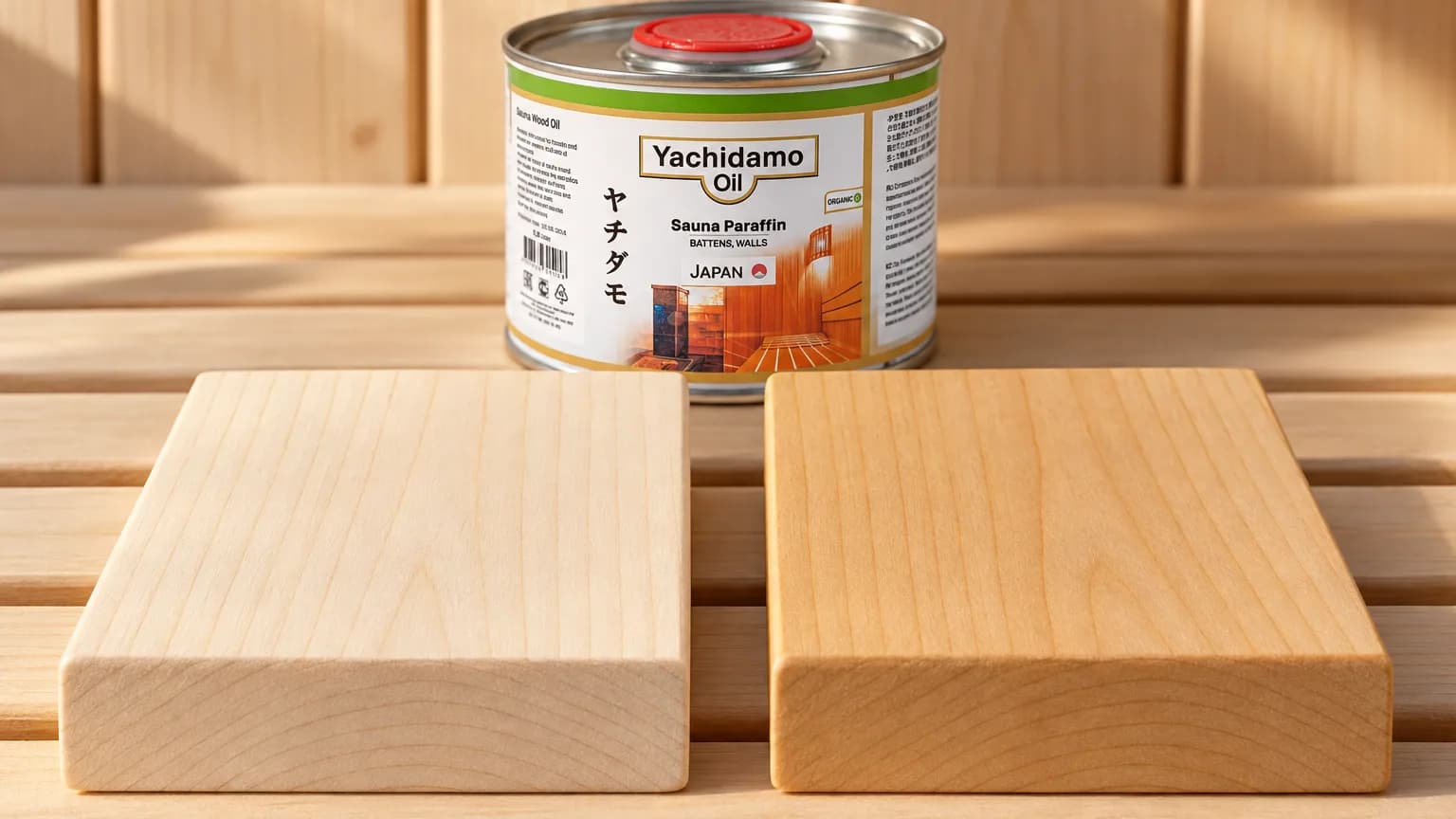 Банка Yachidamo Oil Sauna Paraffin стоит рядом с бесцветным и слегка янтарным липовыми образцами банного полка.