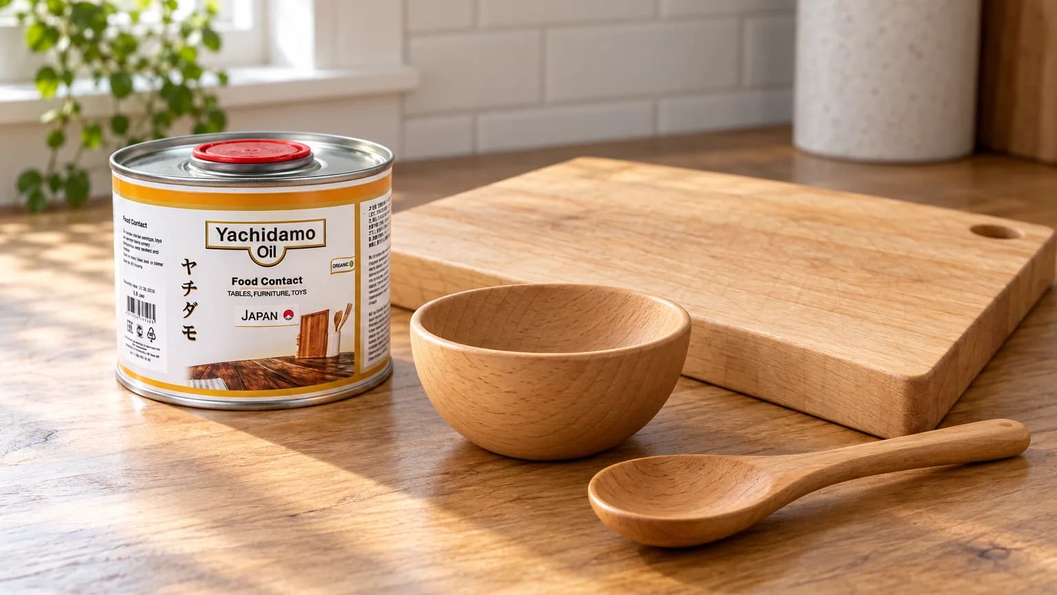 Банка Yachidamo Oil Food Contact стоит рядом с сухими матовыми разделочной доской, миской и деревянной ложкой.