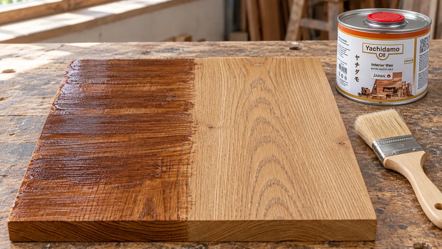 Банка Yachidamo Oil Interior Wax стоит у дубовой панели с полосами от кисти и ровно растушёванной матовой зоной.