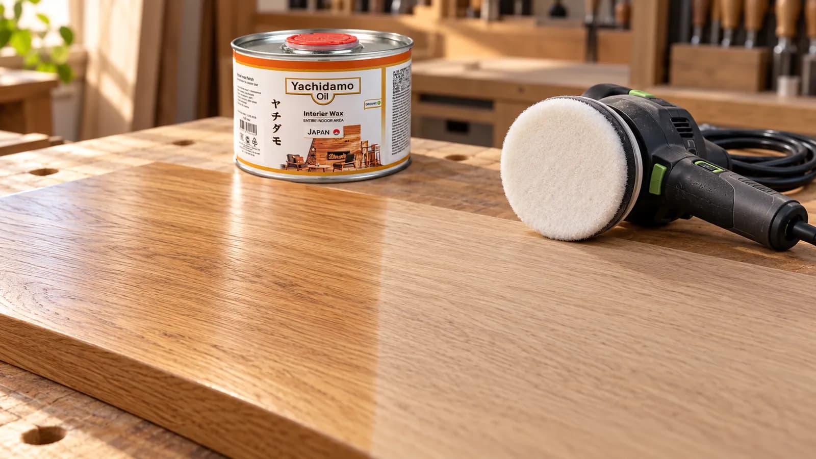 Полировальная машинка с белым падом и банка Yachidamo Interior Wax над дубовой панелью