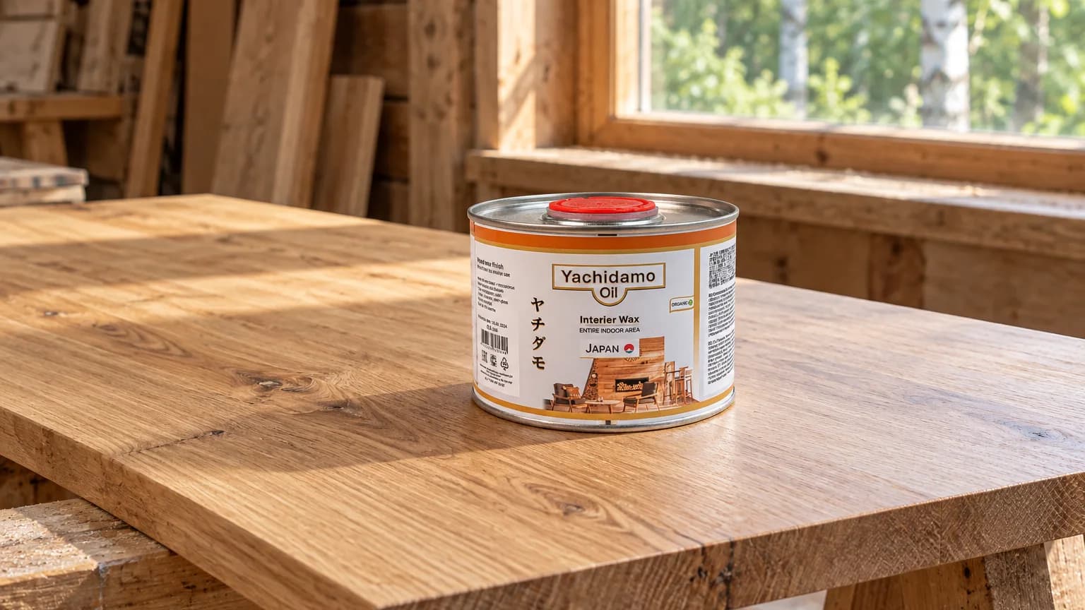 Банка Yachidamo Oil Interior Wax стоит на деревянной мебельной панели у окна мастерской.