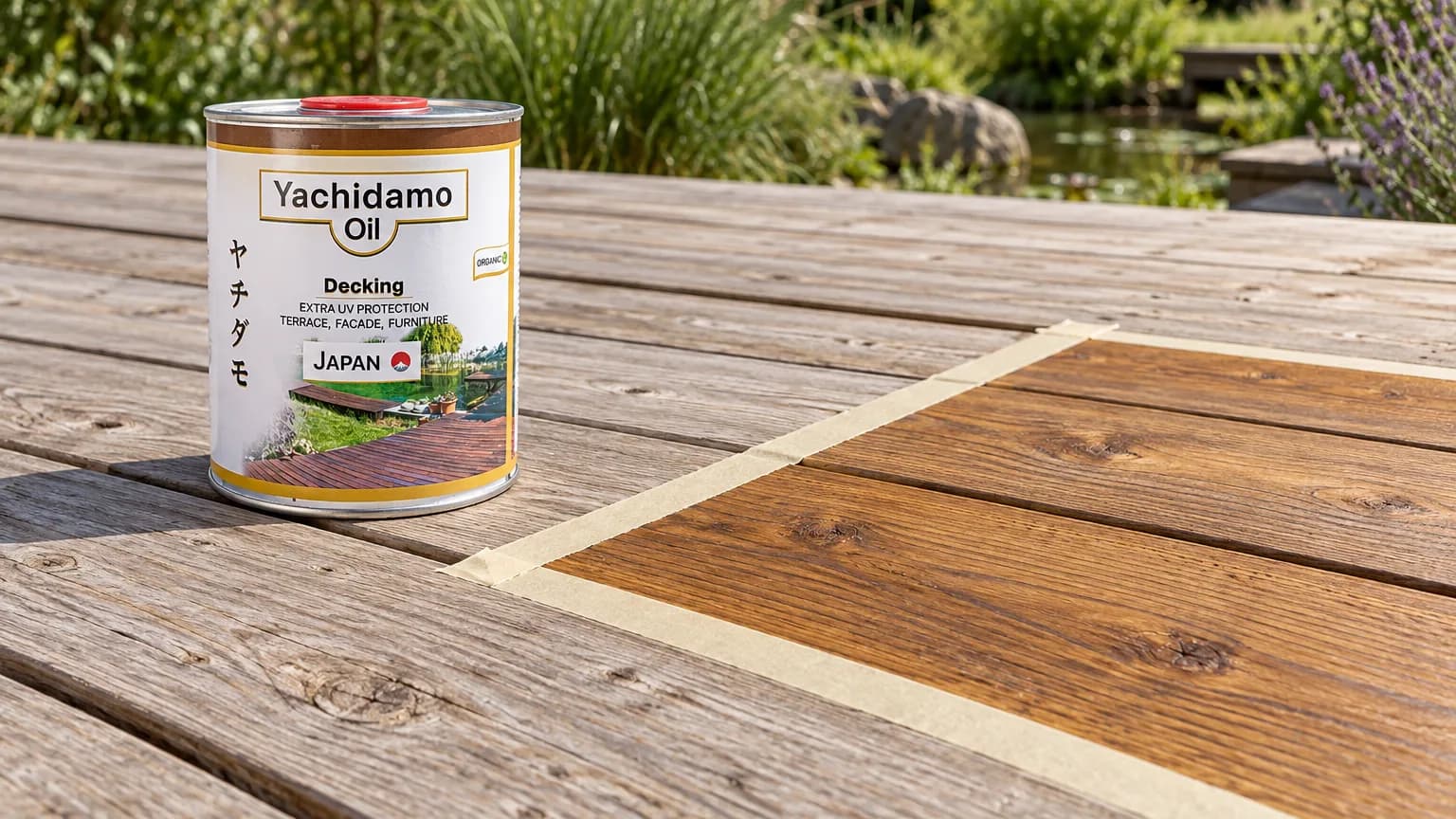Банка Yachidamo Oil Decking стоит на террасе рядом с ограниченным малярной лентой пробным участком тёплого оттенка.