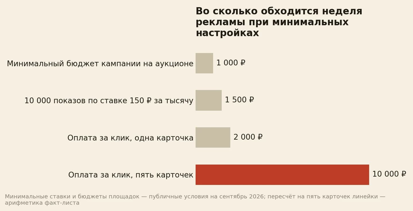 Цена недели рекламы в рублях: минимальный бюджет кампании на аукционе 1 000, десять тысяч показов по нижней ставке 1 500, неделя оплаты за клик на одной карточке 2 000, на пяти карточках 10 000