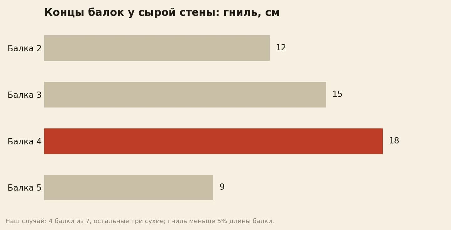 Глубина гнили в концах четырёх балок из семи у сырой наружной стены: 12, 15, 18 и 9 сантиметров, три балки остались сухими