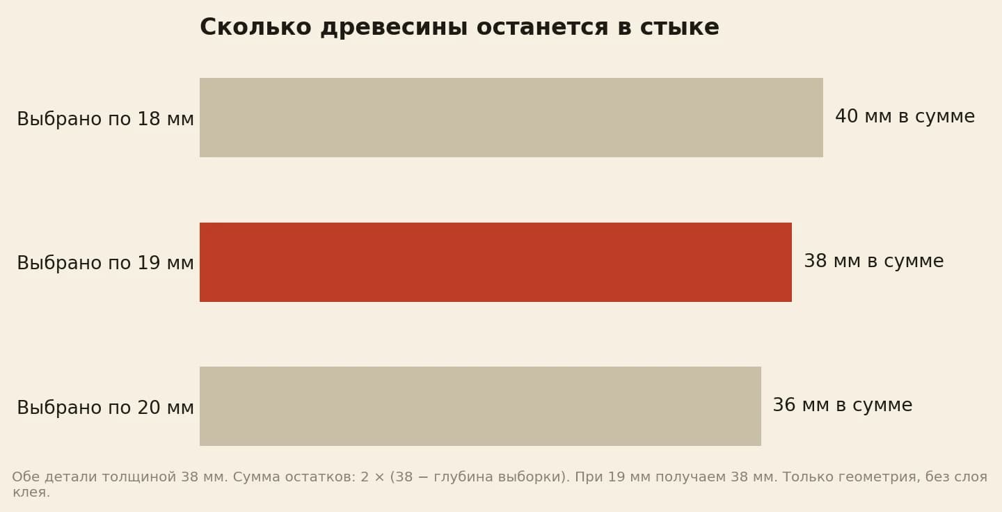 Для двух деталей толщиной 38 мм выборки по 18, 19 и 20 мм оставляют в зоне нахлёста соответственно 40, 38 и 36 мм древесины в сумме