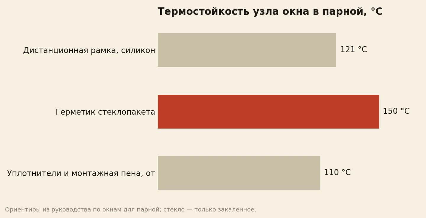 Термостойкость узла окна в парной в градусах: силиконовая дистанционная рамка — до 121, герметик стеклопакета — до 150, уплотнители и монтажная пена — не ниже 110