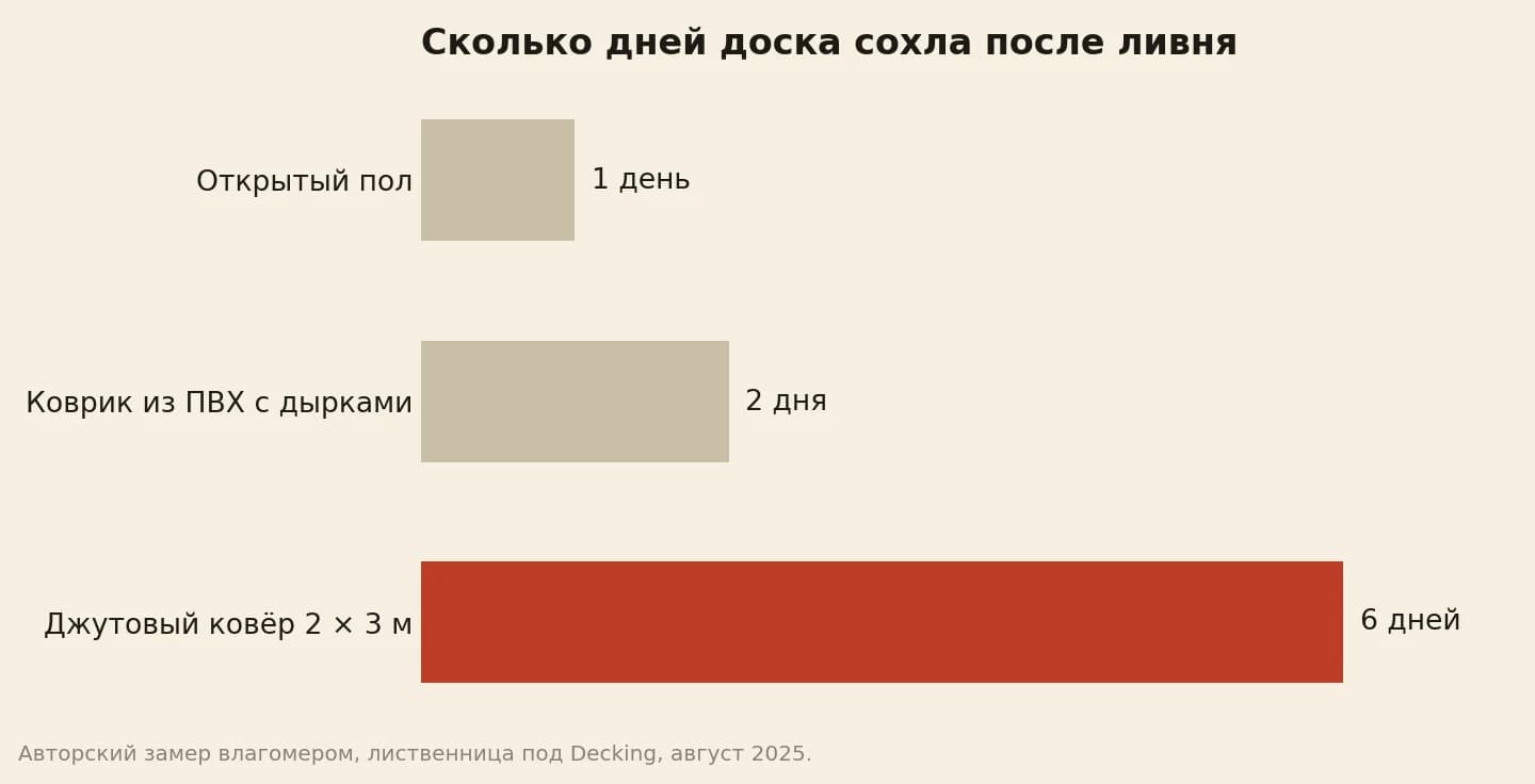 Сколько дней доска пола террасы сохла после ливня до 14–15 процентов: открытый пол 1 день, под ковриком из ПВХ с дырками 2 дня, под джутовым ковром 6 дней