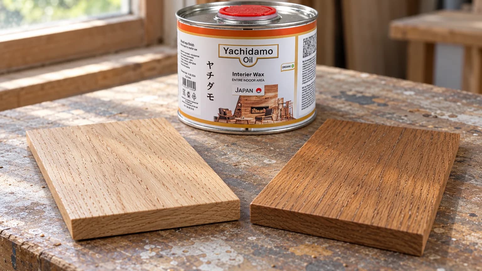 Светлая и коричневая деревянные планки рядом с банкой Yachidamo Oil Interior Wax.
