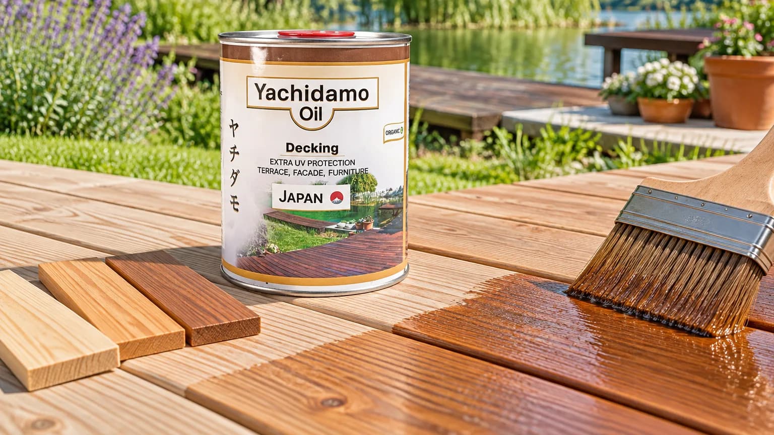 Банка Yachidamo Oil Decking стоит на настиле рядом с кистью, промасленными досками и тремя образцами тона лиственницы.
