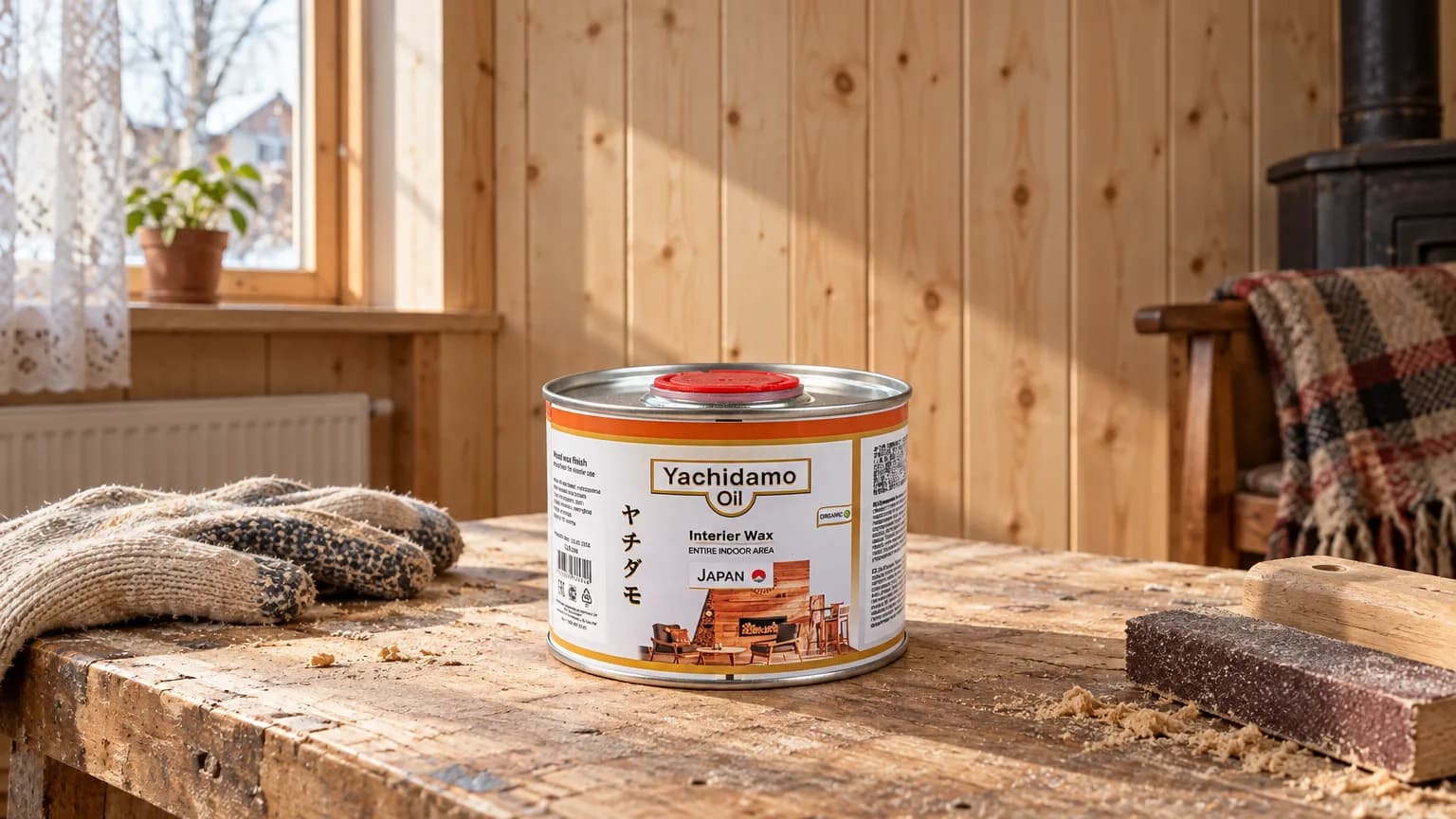 Сосновая вагонка жилой комнаты и банка Yachidamo Oil Interior Wax на рабочем столике у стены.