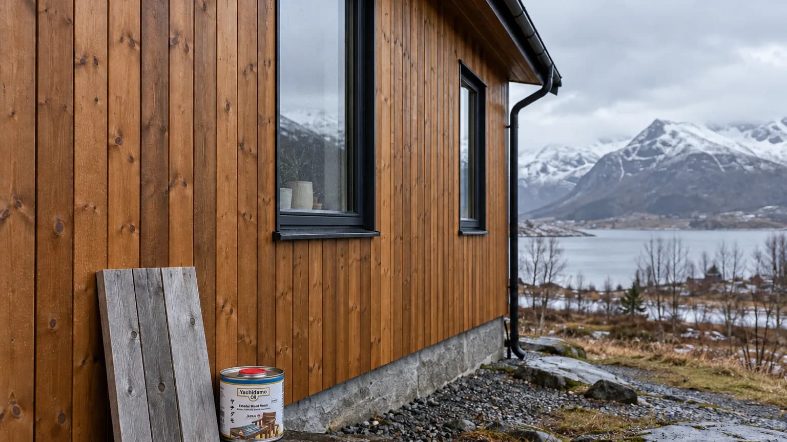 Защищённый лиственничный фасад показан с серым образцом и банкой Yachidamo Exterior Wood Finish.