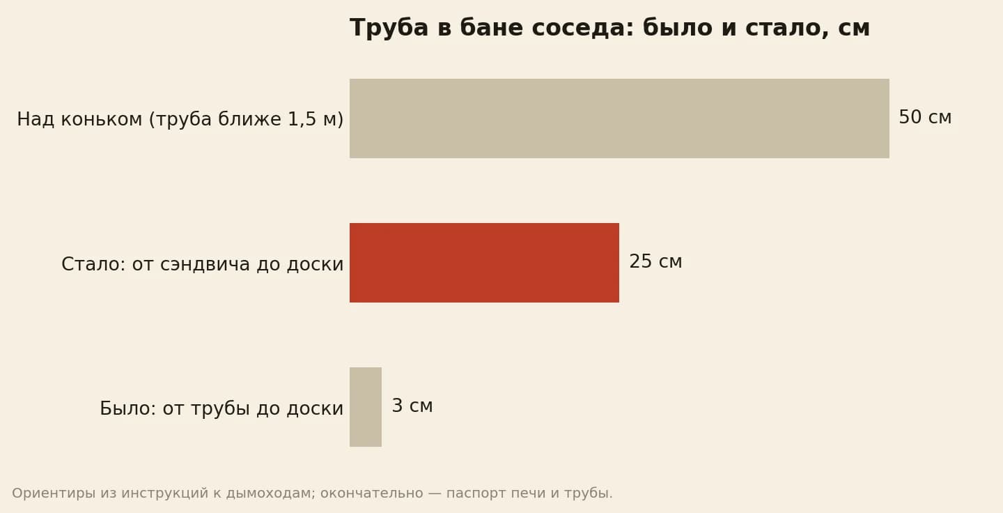 Расстояния у трубы бани в сантиметрах: высота над коньком стала 50, зазор от сэндвича до потолочной доски стал 25, зазор от одностенной трубы до доски был 3