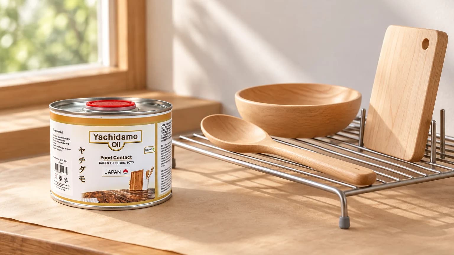 Банка Yachidamo Oil Food Contact стоит у решётки, где раздельно сохнут деревянные ложки, миска и доска.
