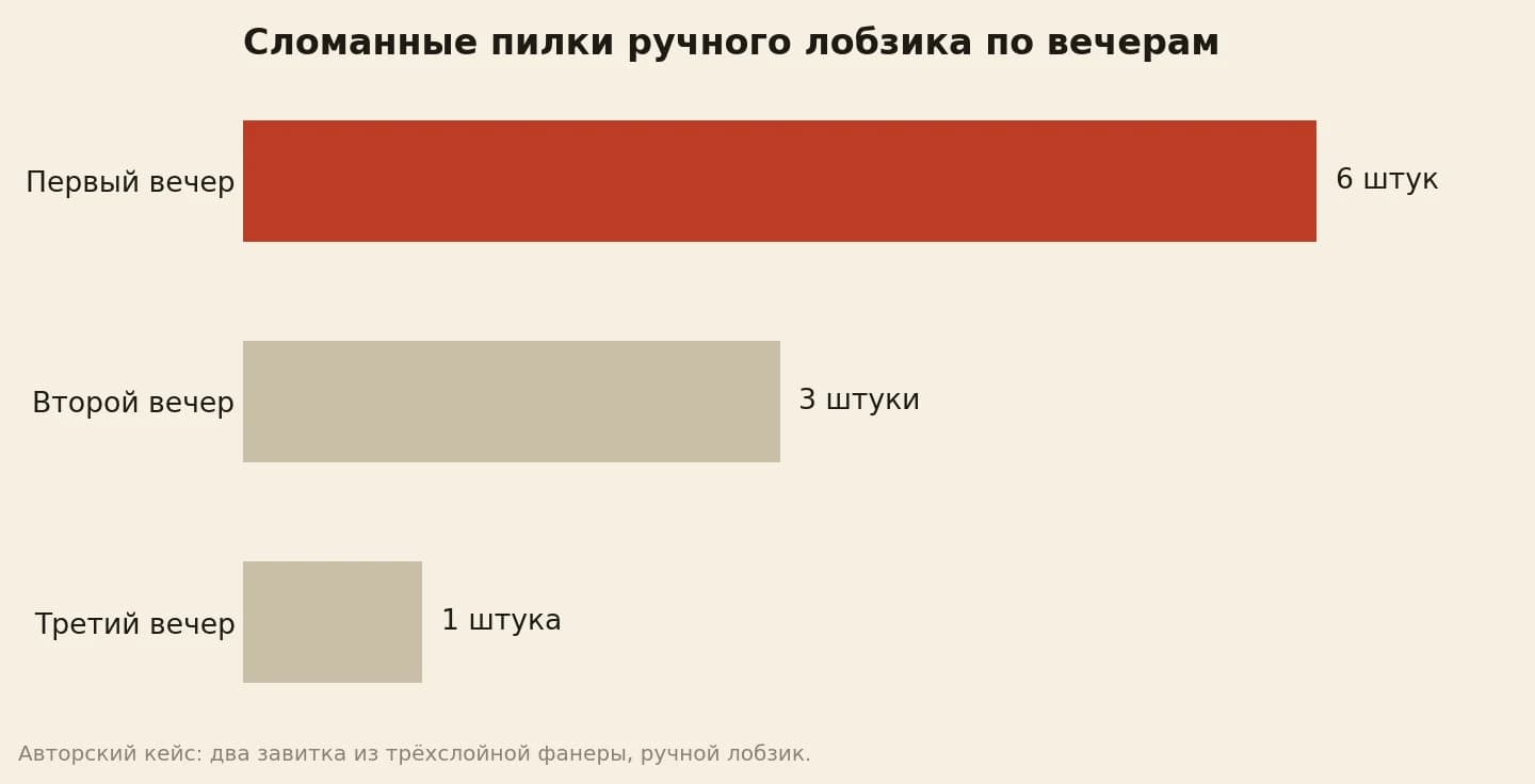 Сломанные пилки ручного лобзика по вечерам: 6 штук в первый вечер, 3 во второй, 1 в третий