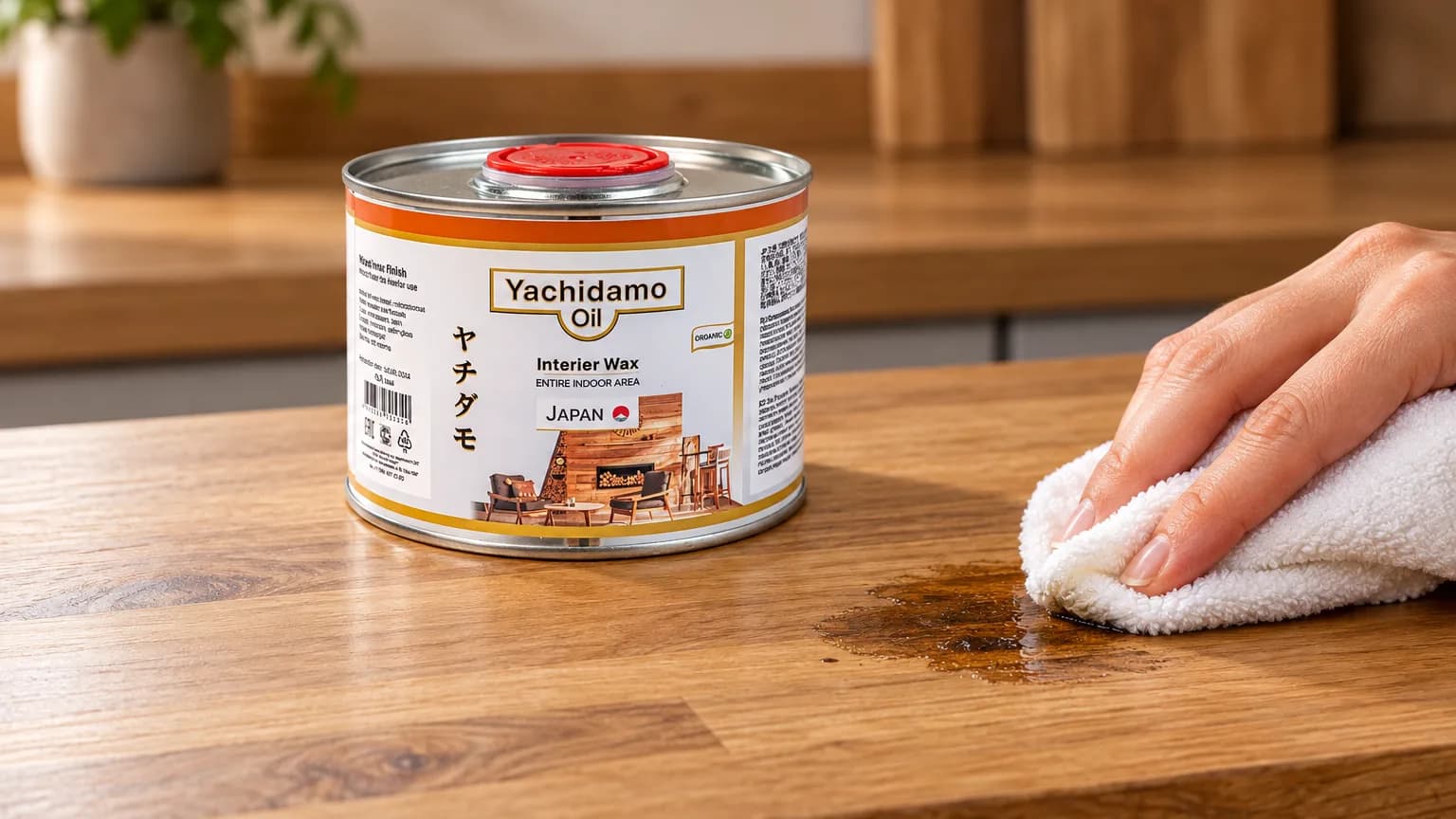 Банка Yachidamo Oil Interior Wax стоит на кухонной столешнице, где тёмное жирное пятно промакивают белой салфеткой.