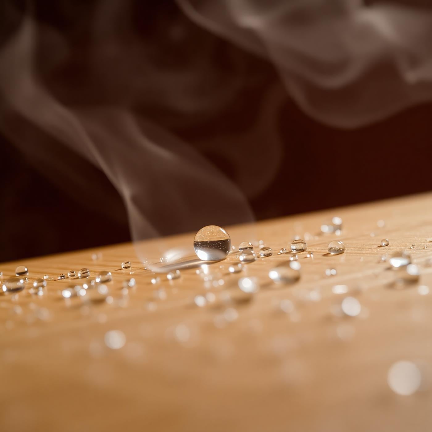 Капли воды на горячем кедре, обработанном маслом